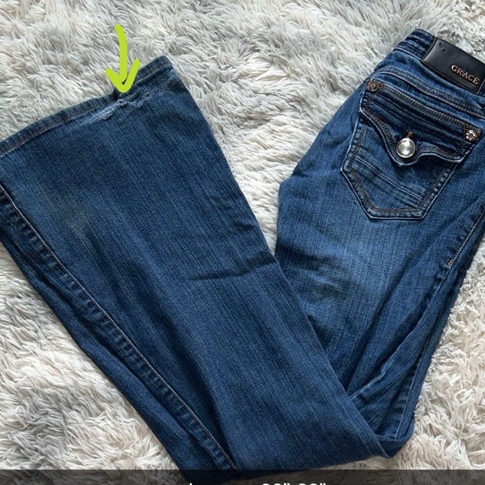 Grace flare jeans, size 25, inseam 32”, small tear in the bottom